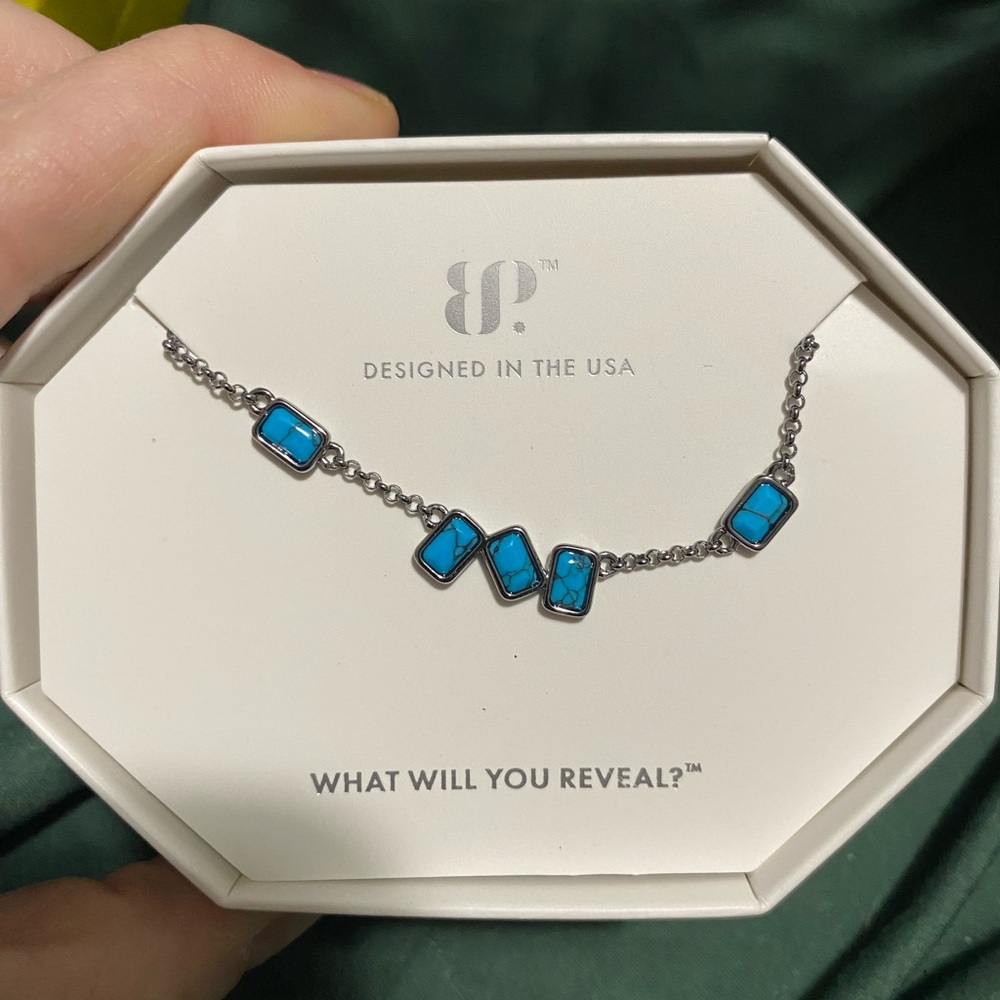 bp hematite Chain Necklace with Bright Turquoise Stones